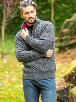 Sale Sweater Shop Aran Half Zip Sweater - 2507 Slate with wine collar