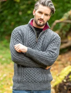 Sale Sweater Shop Aran Half Zip Sweater - 2507 Slate with wine collar