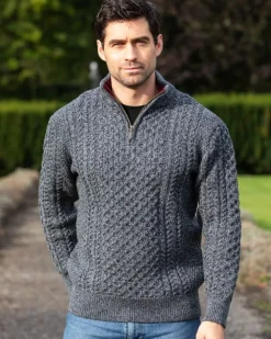 Sale Sweater Shop Aran Half Zip Sweater - 2507 Slate with wine collar