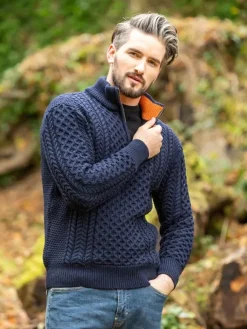 Clearance Sweater Shop ARAN HALF ZIP SWEATER 2507- Navy with Terracotta collar