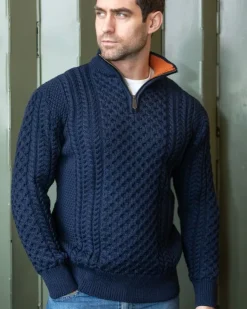 Clearance Sweater Shop ARAN HALF ZIP SWEATER 2507- Navy with Terracotta collar