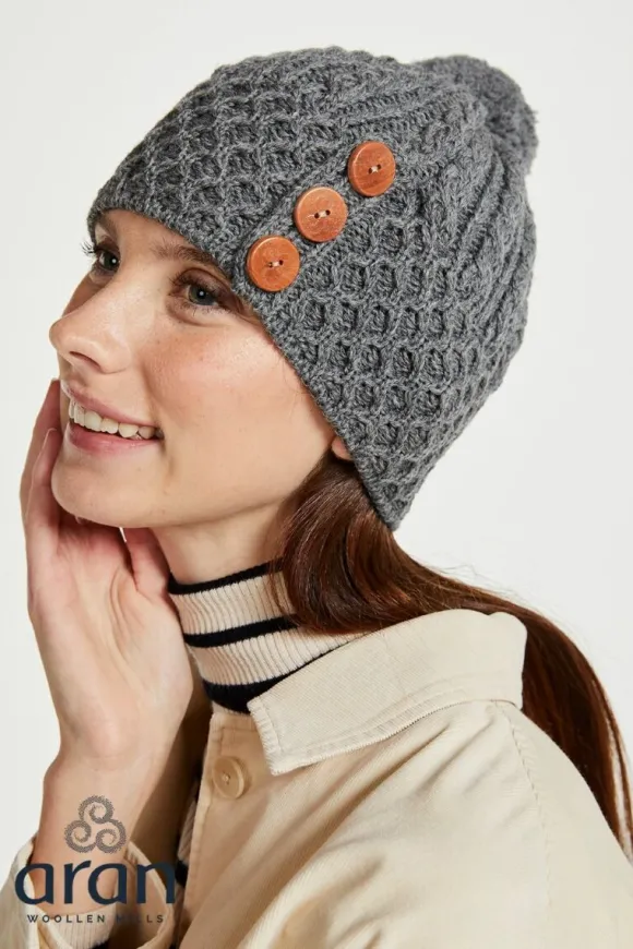 Fashion Sweater Shop Aran Hat with Pom Pom - Charcoal