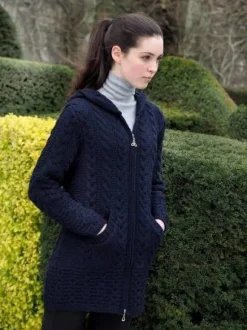 Clearance Sweater Shop Aran Hooded Coat with Celtic Zipper Navy
