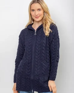 Clearance Sweater Shop Aran Hooded Coat with Celtic Zipper Navy