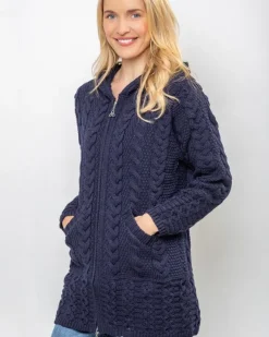 Clearance Sweater Shop Aran Hooded Coat with Celtic Zipper Navy