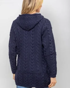 Clearance Sweater Shop Aran Hooded Coat with Celtic Zipper Navy