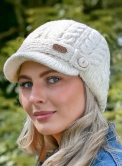 Hot Sweater Shop Aran Peak Cable Hat Natural White