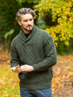 Discount Sweater Shop Aran Shawl Neck Sweater Army Green
