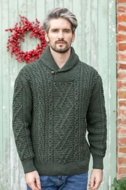 Discount Sweater Shop Aran Shawl Neck Sweater Army Green