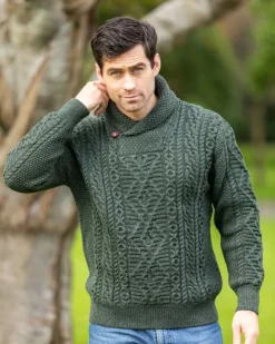 Discount Sweater Shop Aran Shawl Neck Sweater Army Green