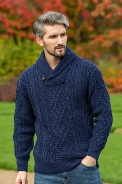 New Sweater Shop Aran Shawl Neck Sweater Deep Water Blue