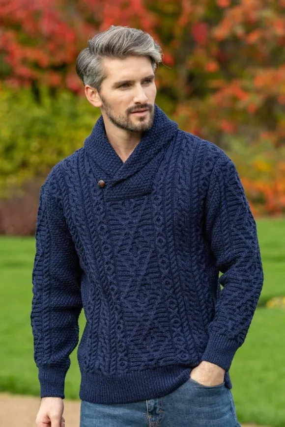 New Sweater Shop Aran Shawl Neck Sweater Deep Water Blue