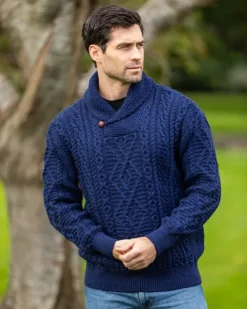 New Sweater Shop Aran Shawl Neck Sweater Deep Water Blue