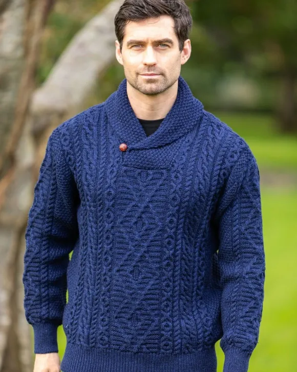 New Sweater Shop Aran Shawl Neck Sweater Deep Water Blue