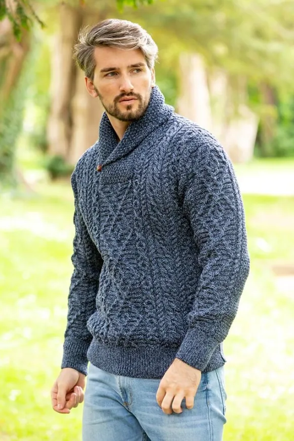 Outlet Sweater Shop Aran Shawl Neck Sweater Denim
