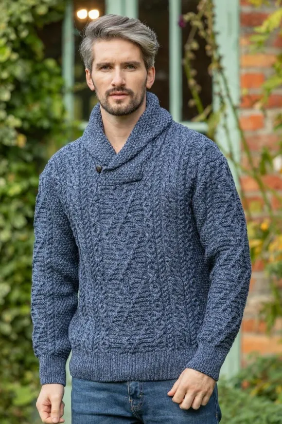 Outlet Sweater Shop Aran Shawl Neck Sweater Denim