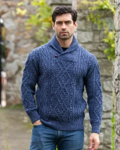 Outlet Sweater Shop Aran Shawl Neck Sweater Denim