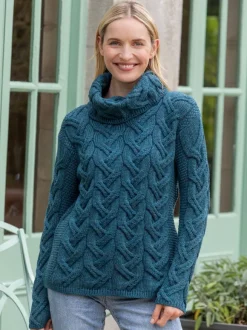 Online Sweater Shop Aran Super Soft Cowl Neck Sweater Teal