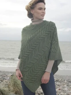 Fashion Sweater Shop Aran Super Soft Poncho Green