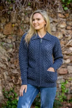 Online Sweater Shop Aran Zip Cardigan with Collar - Denim Marl