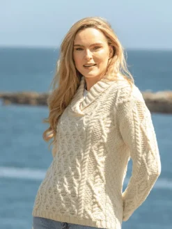 Outlet Sweater Shop Bramble Aran Shawl Collar Sweater Natural