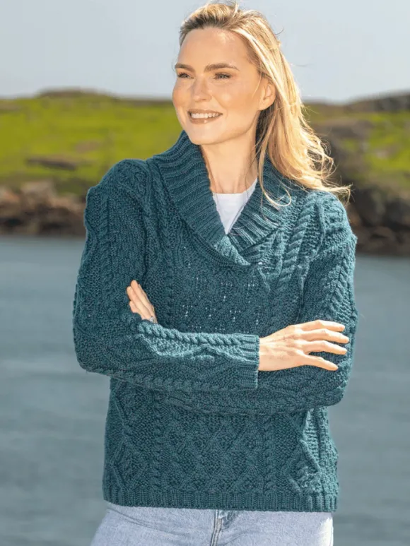 Online Sweater Shop Bramble Aran Shawl Collar Sweater Atlantic