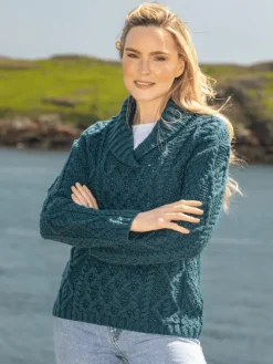 Online Sweater Shop Bramble Aran Shawl Collar Sweater Atlantic