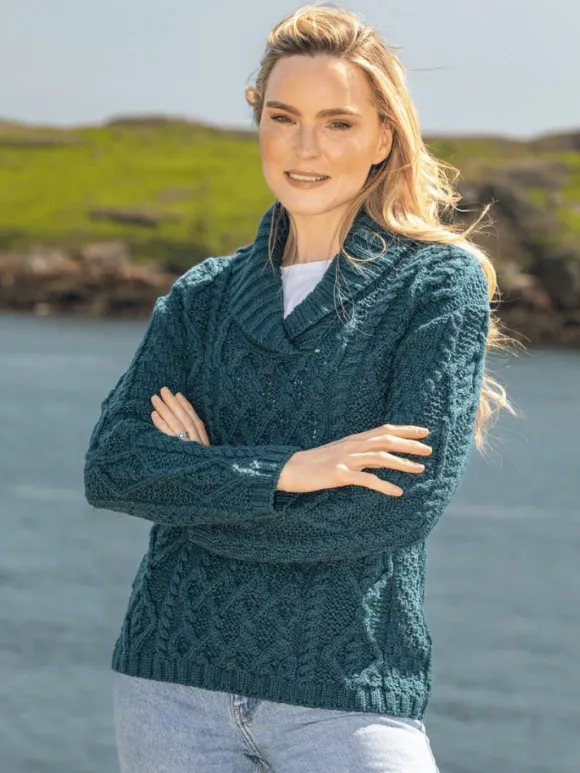 Online Sweater Shop Bramble Aran Shawl Collar Sweater Atlantic