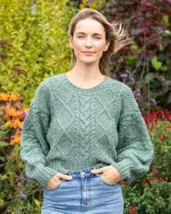 Clearance Sweater Shop Cable Knit Cropped Crew Neck Sweater Apple