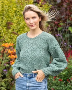 Clearance Sweater Shop Cable Knit Cropped Crew Neck Sweater Apple
