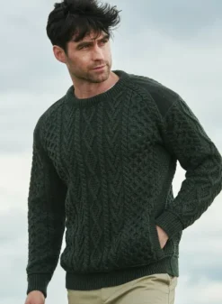 Clearance Sweater Shop Crew Neck Sweater with Tweed details Army Green