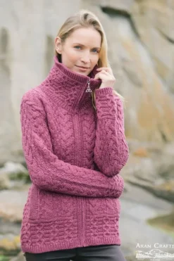 Discount Sweater Shop Double Collar Zip Cardigan Berry