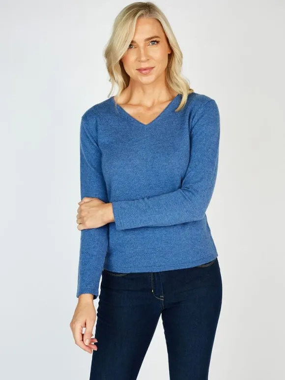 New Sweater Shop Extra Fine Merino Wool & Cashmere V Neck Sweater Denim