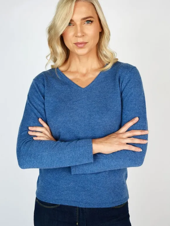 New Sweater Shop Extra Fine Merino Wool & Cashmere V Neck Sweater Denim