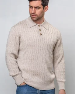 Hot Sweater Shop Extra Fine Merino Wool Button Neck Sweater - Beige
