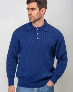 Online Sweater Shop Extra Fine Merino Wool Button Neck Sweater - Blue