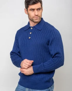 Online Sweater Shop Extra Fine Merino Wool Button Neck Sweater - Blue