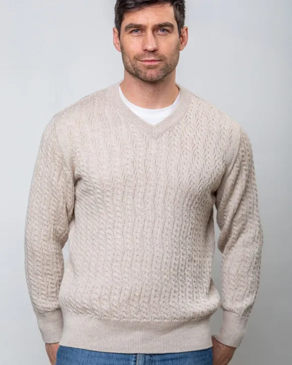 Hot Sweater Shop Extra Fine Merino Wool V Neck Sweater Beige