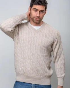 Hot Sweater Shop Extra Fine Merino Wool V Neck Sweater Beige