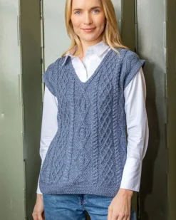 Sale Sweater Shop Fitted Aran Vest Merino Wool - Blue