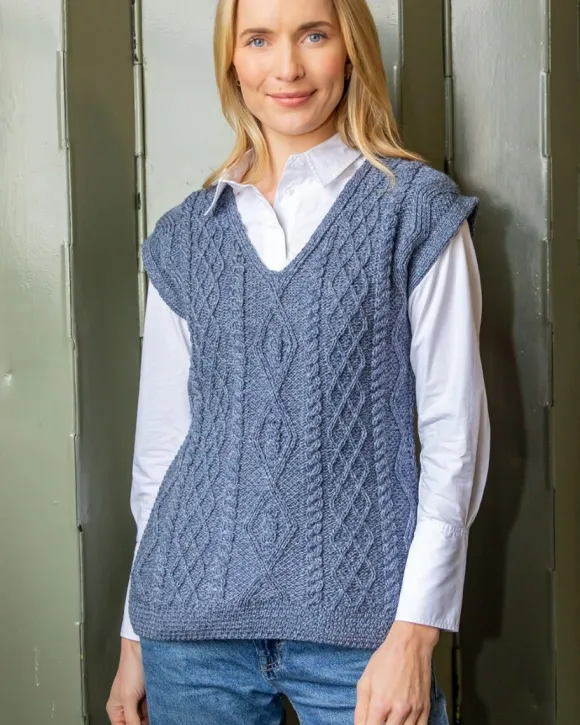 Sale Sweater Shop Fitted Aran Vest Merino Wool - Blue