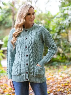 Discount Sweater Shop Fitted Irish Aran Lumbar Cardigan Aqua