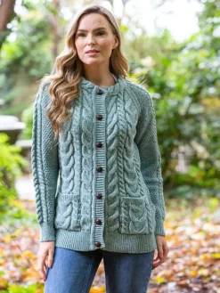 Discount Sweater Shop Fitted Irish Aran Lumbar Cardigan Aqua