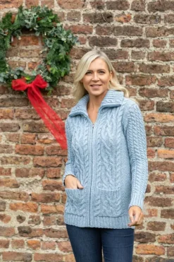 Sale Sweater Shop Full Zip Aran Sweater Sky Blue