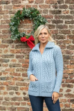 Sale Sweater Shop Full Zip Aran Sweater Sky Blue