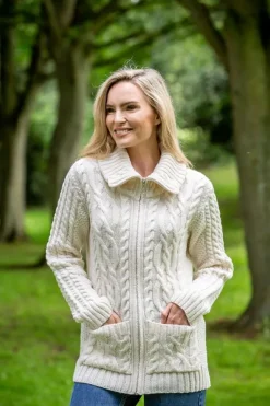 Fashion Sweater Shop Full Zip Fitted Aran Cardigan with large collar