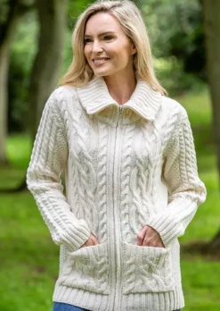 Fashion Sweater Shop Full Zip Fitted Aran Cardigan with large collar