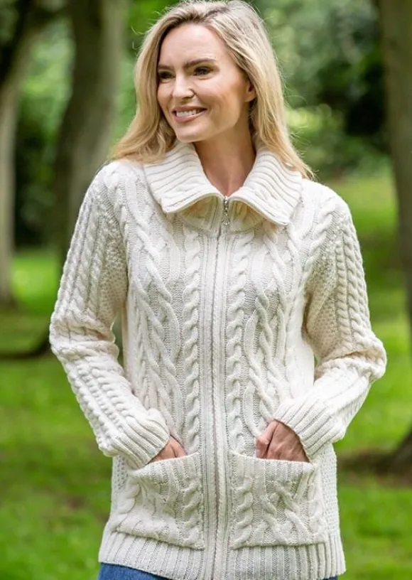 Fashion Sweater Shop Full Zip Fitted Aran Cardigan with large collar