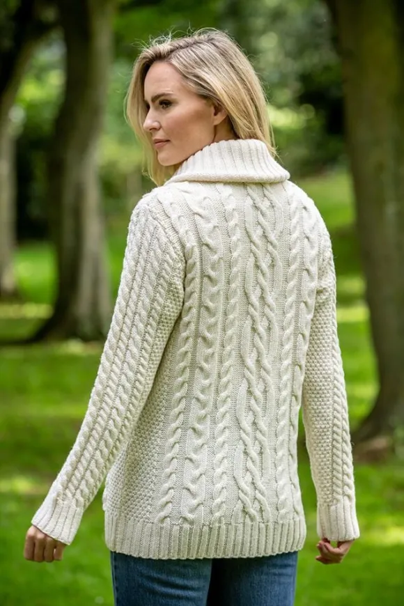 Fashion Sweater Shop Full Zip Fitted Aran Cardigan with large collar