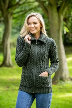 Sale Sweater Shop Full Zip Fitted Aran Cardigan Army green